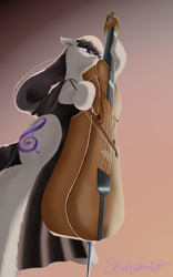 Size: 2500x4000 | Tagged: safe, artist:stalagsmith17, derpibooru import, octavia melody, earth pony, pony, bipedal, black dress, bow (instrument), cello, cello bow, clothes, dress, female, gradient background, hoof hold, low angle, mare, musical instrument, side slit, signature, solo