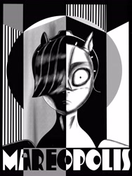 Size: 3072x4096 | Tagged: safe, artist:pony quarantine, derpibooru import, pony, robot, robot pony, black and white, bust, female, grayscale, hair over one eye, looking at you, mare, metropolis, monochrome, solo, text