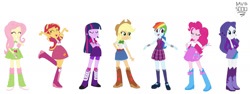 Size: 1600x604 | Tagged: safe, artist:xxdavid5000xx, derpibooru import, applejack, fluttershy, pinkie pie, rainbow dash, rarity, sunset shimmer, twilight sparkle, human, equestria girls, g4, belt, boots, clothes, cowboy boots, cowboy hat, crossed arms, crystal prep academy uniform, eyes closed, hat, high heel boots, humane five, humane seven, humane six, jacket, school uniform, shirt, shoes, simple background, skirt, socks, vest, white background