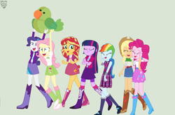 Size: 1103x724 | Tagged: safe, artist:xxdavid5000xx, derpibooru import, applejack, fluttershy, pinkie pie, rainbow dash, rarity, sunset shimmer, twilight sparkle, human, equestria girls, g4, belt, boots, clothes, cowboy boots, cowboy hat, green background, hat, high heel boots, humane five, humane seven, humane six, jacket, shirt, shoes, simple background, skirt, socks, vest