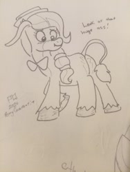 Size: 1536x2048 | Tagged: safe, artist:pony quarantine, derpibooru import, oc, oc only, donkey, bowtie, butt, donkey oc, female, grayscale, looking back, monochrome, necktie, non-pony oc, pencil drawing, plot, solo, traditional art, unshorn fetlocks