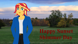 Size: 4000x2252 | Tagged: safe, artist:tyler3967, derpibooru import, sunset shimmer, human, equestria girls, g4, autumn, blue, clothes, jacket, older sunset, pants, photography, real life background, solo