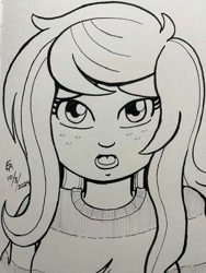 Size: 720x960 | Tagged: safe, artist:mayorlight, derpibooru import, wallflower blush, human, equestria girls, forgotten friendship, g4, clothes, equestria girls specials, female, freckles, ink drawing, inktober, looking at you, monochrome, open mouth, solo, sweater, traditional art