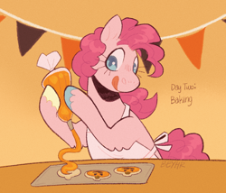 Size: 932x796 | Tagged: safe, artist:beyhr, derpibooru import, pinkie pie, earth pony, pony, g4, apron, baking, blue eyes, brown text, clothes, colored eyebrows, colored hooves, cookie, curly hair, curly mane, curly tail, eyebrows, eyebrows visible through hair, eyelashes, female, floating eyebrows, food, frosting, halloween, holiday, hooves, icing bag, looking at something, mare, mismatched hooves, multicolored hooves, pennant, pink coat, pink mane, pink tail, ponytober, ponytober 2024, shiny mane, shiny tail, signature, solo, tail, textured background, three quarter view, tongue, tongue out, unshorn fetlocks