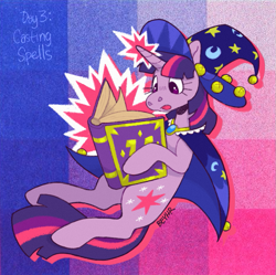 Size: 899x894 | Tagged: safe, artist:beyhr, derpibooru import, twilight sparkle, unicorn twilight, pony, unicorn, g4, bangs, book, brooch, cape, clothes, costume, eyelashes, female, glowing, glowing horn, hat, horn, jewelry, looking at something, magic, mare, open book, open mouth, patterned background, ponytober, ponytober 2024, purple coat, purple eyes, reading, signature, solo, star swirl the bearded costume, straight mane, straight tail, surprised, three quarter view, three toned mane, three toned tail, unicorn horn, white text, wizard hat