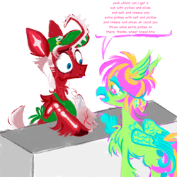 Size: 2000x2000 | Tagged: safe, artist:peaceandlove26, artist:twinklewish, derpibooru import, oc, oc only, oc:happy daze (webkinzworldz), classical unicorn, hippogriff, pony, unicorn, 2021, apron, beak, big ears, big eyes, blue eyes, cashier, claws, clothes, cloven hooves, coat markings, colored claws, colored eyelashes, colored lineart, colored pinnae, colored pupils, colored wings, colored wingtips, curved horn, dialogue, duo, ear fluff, ear markings, ear tufts, ears, eye clipping through hair, facial markings, facial scar, feather, folded wings, frown, golden eyes, green feathers, hair accessory, hat, hippogriff oc, hooves on the table, horn, indoors, leg markings, leg scar, leonine tail, lidded eyes, long horn, looking at someone, looking down, oc name needed, old art, open beak, open frown, open mouth, pink eyes, pink text, profile, red coat, scar, speech bubble, spiked horn, subway, table, tail, talking, teal eyelashes, teal pupils, teal wingtips, three toned mane, three toned tail, two toned eyes, two toned hair, two toned horn, two toned tail, two toned wings, unicorn oc, unshorn fetlocks, wall of tags, white eyelashes, wide eyes, wings