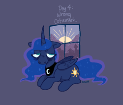 Size: 645x547 | Tagged: safe, artist:beyhr, derpibooru import, princess luna, alicorn, pony, a royal problem, g4, bags under eyes, beanbrows, big eyes, blue coat, blue eyes, curved horn, cutie mark swap, dawn, digital art, ears, ethereal mane, ethereal tail, eyebrows, female, floppy ears, folded wings, frown, horn, long horn, looking away, looking back, lying down, mare, missing accessory, no catchlights, no pupils, peytral, pixel art, ponytober 2024, prone, signature, solo, starry mane, starry tail, tail, tired, unicorn horn, wavy mane, wavy tail, window, wings