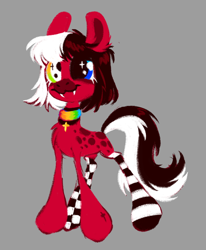 Size: 1646x2000 | Tagged: safe, artist:peaceandlove26, artist:twinklewish, derpibooru import, oc, oc only, oc:domino checkerchip, earth pony, pony, 2021, bangs, big eyes, big hooves, black and white mane, black and white tail, bobcut, coat markings, collar, colored pinnae, cross, ear fluff, ears, earth pony oc, eyelashes, facial markings, fangs, female, female oc, gray background, heterochromia, hoof fluff, leg markings, long tail, mare, mare oc, mismatched eyes, multicolored eyes, old art, red coat, shiny mane, shiny tail, short hair, simple background, smiling, snip (coat marking), solo, spots, standing, tail, thin, three quarter view, two toned mane, two toned tail, white eyelashes