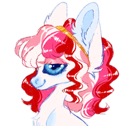 Size: 800x800 | Tagged: safe, artist:peaceandlove26, artist:twinklewish, derpibooru import, oc, oc only, oc:dearly beloved, earth pony, 2021, big ears, big eyes, blue eyes, blue sclera, bust, chest fluff, coat markings, colored eyelashes, colored pinnae, colored sclera, curly hair, curly mane, ear fluff, ears, earth pony oc, facial markings, female, female oc, hair accessory, headband, lacrimal caruncle, lidded eyes, mane accessory, mare, mare oc, old art, pink eyelashes, pink mane, profile, requested art, shiny eyes, shiny mane, simple background, smiling, snip (coat marking), solo, three toned mane, transparent background, white coat