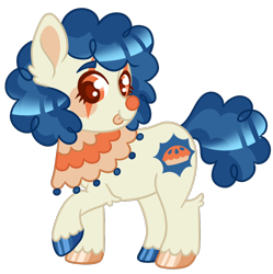 Size: 1142x1146 | Tagged: safe, artist:peaceandlove26, artist:twinklewish, derpibooru import, oc, oc only, oc:honky tonk, pony, unicorn, 2021, base used, blue mane, blue tail, brown pupils, chubby, clown, clown nose, colored eyebrows, colored eyelashes, colored lineart, colored pinnae, colored pupils, cream coat, curly hair, curly mane, curly tail, ear fluff, ears, eyelashes, head turn, hidden horn, hock fluff, hoof polish, horn, looking at you, makeup, nonbinary, nonbinary oc, old art, orange eyes, raised hoof, raised leg, red nose, red pupils, ruff (clothing), shiny hooves, short legs, show accurate, smiling, smiling at you, solo, standing on three hooves, tail, tongue, tongue out, two toned mane, two toned tail, unicorn oc, unshorn fetlocks, yellow coat