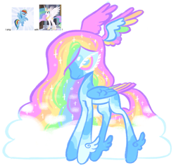 Size: 1379x1316 | Tagged: safe, artist:peaceandlove26, artist:twinklewish, derpibooru import, princess celestia, rainbow dash, oc, oc only, pegasus, pony, 2012, agender, beanbrows, blank flank, blue pupils, blue wings, coat markings, colored eyebrows, colored lineart, colored muzzle, colored pinnae, colored pupils, colored wings, colored wingtips, dark muzzle, dashlestia, ear fluff, ears, ethereal mane, ethereal tail, eyebrows, facial markings, feathered fetlocks, female, folded wings, leg markings, leg wings, lesbian, long legs, long mane, long tail, magical lesbian spawn, mottled, multicolored eyes, multicolored hair, multicolored wings, narrowed eyes, no catchlights, offspring, old art, parent:princess celestia, parent:rainbow dash, parents:dashlestia, pegasus oc, profile, rainbow ears, rainbow hair, rainbow tail, rainbow wings, rainbow wingtips, reference used, shipping, simple background, solo, sparkly mane, sparkly tail, splotches, standing, tail, thin legs, three toned eyes, unnamed oc, white background, white eyelashes, wing ears, wings