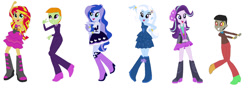 Size: 1280x456 | Tagged: safe, artist:diana173076, derpibooru import, discord, princess luna, starlight glimmer, sunset shimmer, thorax, trixie, human, equestria girls, g4, clothes, dancing, dress, equestria girls-ified, female, male, simple background, suit, white background