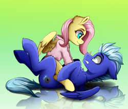 Size: 2000x1700 | Tagged: safe, artist:rainbowfire, derpibooru import, fluttershy, oc, oc:sadvard, pegasus, pony, blue eyes, blushing, clothes, confused, cute, duo, duo male and female, female, gradient background, hug, hugs needed, looking at each other, looking at someone, male, mare, open mouth, reflection, sitting on person, sitting on pony, smiling, stallion, wings