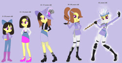 Size: 1280x662 | Tagged: safe, artist:sarahalen, derpibooru import, oc, oc only, equestria girls, g4, age progression, black hair, boots, bow, brown hair, child, clothes, cute, dyed hair, forbidden spinjitzu, freshman, hat, high heel boots, jacket, lego, lego ninjago, ninja, ocbetes, older, pants, ponytail, preteen, purple eyes, shirt, shoes, short hair, skirt, solo, sun hat, teenager, two toned hair