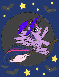 Size: 718x934 | Tagged: artist needed, source needed, safe, derpibooru import, twilight sparkle, twilight sparkle (alicorn), alicorn, bat, pony, broom, flying, flying broomstick, hat, solo, spread wings, stars, wings, witch, witch hat