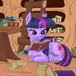 Size: 894x894 | Tagged: safe, artist:stalagsmith17, derpibooru import, twilight sparkle, unicorn twilight, pony, unicorn, book, chest fluff, golden oaks library, horn, ladder, lying down, ponyloaf, prone, solo