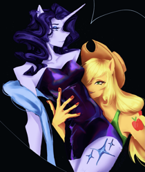 Size: 1761x2093 | Tagged: safe, artist:mallowblack, derpibooru import, applejack, rarity, anthro, earth pony, unicorn, clothes, dress, duo, female, holding, horn, lesbian, rarijack, shipping, shoulderless