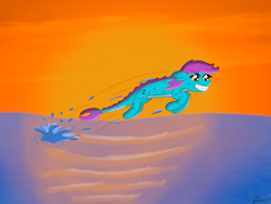 Size: 2000x1500 | Tagged: safe, artist:zeccy, derpibooru import, oc, oc only, original species, shark, shark pony, sharp teeth, solo, splash, sunset, teeth, water