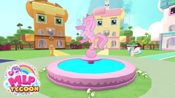 Size: 768x432 | Tagged: safe, derpibooru import, angel bunny, applejack, fluttershy, princess celestia, alicorn, earth pony, pony, g4, building, fountain, grass, my little pony tycoon, roblox