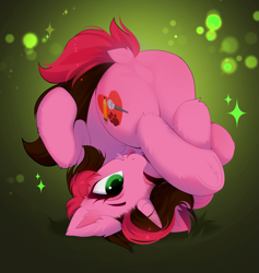 Size: 3267x3443 | Tagged: safe, artist:empress-twilight, derpibooru import, oc, oc only, pony, unicorn, g4, :p, butt, chest fluff, commission, dock, ear fluff, ears, featureless crotch, female, horn, leg fluff, mare, one eye closed, plot, solo, sparkles, tail, tongue, tongue out, underhoof, unicorn oc, upside down, ych result