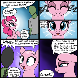 Size: 2000x1999 | Tagged: safe, artist:vomitvomiting, derpibooru import, pinkie pie, oc, oc:anon, earth pony, human, pony, abuse, bald, comic, crying, duo, female, male, mare, pinkiebuse, pinktober, prank