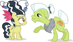 Size: 2088x1223 | Tagged: safe, artist:cirillaq, derpibooru import, apple bloom, granny smith, earth pony, pony, g4, bride of frankenstein, clothes, costume, duo, duo female, female, filly, foal, frankenbloom, frankenstein, mare, nightmare night costume, simple background, transparent background, vector