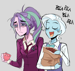 Size: 1879x1767 | Tagged: safe, artist:cranialgrind, derpibooru import, starlight glimmer, trixie, human, g4, bags under eyes, blue blush, blush scribble, blushing, bowtie, brooch, clothes, coffee cup, collared shirt, colored, colored sketch, counselor trixie, cup, cute, cute little fangs, cutie mark on clothes, duo, duo female, eye clipping through hair, eyebrows, eyebrows visible through hair, eyes closed, fangs, female, flat colors, headmare starlight, holding, jewelry, messy hair, motormouth, necktie, open mouth, open smile, ponytail, shiny hair, shirt, short hair, short hair trixie, sketch, smiling, suit, sweater vest, tired, white coat