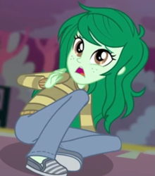 Size: 745x848 | Tagged: safe, derpibooru import, screencap, wallflower blush, equestria girls, forgotten friendship, g4, antagonist, brown eyes, brown sweater, clothes, cropped, defeat, defeated, equestria girls specials, frightened, green hair, green skin, guilty, oh no, scared, solo, sweater, terrified, uh oh, villainess