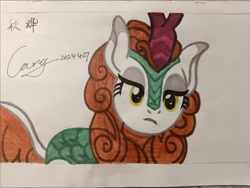 Size: 1702x1279 | Tagged: safe, artist:caryhhhh, derpibooru import, autumn blaze, kirin, g4, cream background, female, looking at you, signature, simple background, solo, traditional art