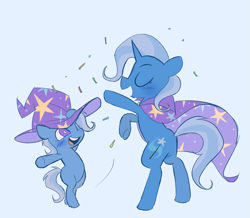 Size: 1981x1726 | Tagged: safe, artist:cranialgrind, derpibooru import, trixie, pony, unicorn, g4, bipedal, blue background, blue blush, blush lines, blushing, cape, clothes, colored, confetti, cute, daaaaaaaaaaaw, diatrixes, duality, duo, duo female, eyes closed, female, filly, filly trixie, flat colors, foal, hat, horn, mare, no catchlights, open mouth, open smile, profile, raised arm, raised hoof, raised leg, self paradox, self ponidox, simple background, smiling, trixie's cape, trixie's hat, weapons-grade cute, white background, white pupils, younger