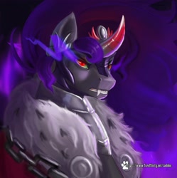 Size: 4072x4096 | Tagged: safe, artist:caddea, derpibooru import, king sombra, pony, unicorn, g4, black mane, chains, clothes, coat, colored horn, crown, curved horn, digital art, fangs, flowing mane, horn, jewelry, looking at you, male, peytral, red eyes, regalia, solo, sombra eyes, sombra horn, stallion