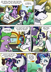 Size: 1204x1700 | Tagged: safe, artist:tarkron, derpibooru import, rarity, snips, spike, sugar, twilight sparkle, twilight sparkle (alicorn), oc, oc:cosmo cool, alicorn, dragon, pony, unicorn, comic:the royal sandal, g4, coffee, coffee cup, comic, cup, food, glowing, glowing horn, horn, open mouth, rule 63, sitting, speech bubble, sunglasses, train