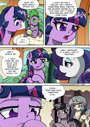 Size: 1204x1700 | Tagged: safe, artist:tarkron, derpibooru import, princess celestia, rarity, spike, twilight sparkle, twilight sparkle (alicorn), alicorn, dragon, pony, unicorn, comic:the royal sandal, g4, comic, flashback, horn, speech bubble, thinking, train