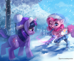 Size: 2000x1666 | Tagged: safe, artist:caddea, derpibooru import, pinkie pie, twilight sparkle, unicorn twilight, earth pony, pony, unicorn, g4, clothes, duo, duo female, female, hat, horn, magic, mare, one eye closed, open mouth, open smile, outdoors, scarf, smiling, snow, snowball, snowfall, socks, striped scarf, striped socks, telekinesis, tree, winter, winter hat