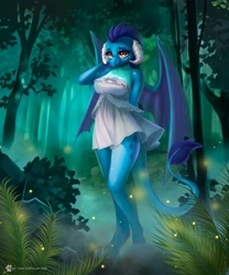 Size: 1666x2000 | Tagged: safe, alternate version, artist:caddea, derpibooru import, princess ember, anthro, dragon, breasts, cleavage, clothes, dragoness, dress, female, forest, lizard breasts, nature, solo, tree