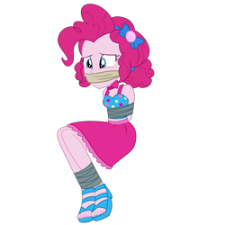 Size: 2000x2000 | Tagged: safe, artist:nie-martw-sie-o-mnie, derpibooru import, pinkie pie, human, equestria girls, g4, spring breakdown, bondage, bound and gagged, cloth gag, clothes, cruise concert outfit, dress, equestria girls specials, female, femsub, gag, pinkiesub, sandals, simple background, solo, submissive, tape, tape bondage, transparent background