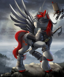 Size: 1666x2000 | Tagged: safe, artist:caddea, derpibooru import, oc, oc only, pegasus, pony, robot, amputee, armor, artificial wings, augmented, blindfold, commission, crepuscular rays, ear piercing, earring, jewelry, male, nier: automata, piercing, prosthetic limb, prosthetic wing, prosthetics, solo, spread wings, stallion, wings