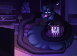 Size: 2800x2041 | Tagged: safe, artist:madelinne, derpibooru import, oc, oc only, oc:buzzie, changeling, lamia, original species, belly, changeling lamia, fangs, food, moon, night, plushie, popcorn, room, sofa, tail, television, vore, watching tv