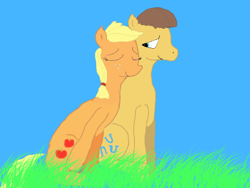 Size: 640x480 | Tagged: safe, artist:firekitty8, derpibooru import, applejack, caramel, earth pony, pony, g4, carajack, duo, duo male and female, female, grass, male, nuzzling, outdoors, shipping, stallion, straight