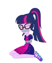 Size: 2500x3000 | Tagged: safe, artist:nie-martw-sie-o-mnie, derpibooru import, sci-twi, twilight sparkle, human, equestria girls, g4, spring breakdown, bondage, cruise outfit, equestria girls specials, eyes closed, female, femsub, gag, glasses, kneeling, simple background, solo, submissive, tape, tape bondage, tape gag, transparent background, twisub