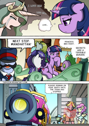 Size: 1204x1700 | Tagged: safe, artist:tarkron, derpibooru import, all aboard, rarity, spike, twilight sparkle, twilight sparkle (alicorn), alicorn, dragon, pony, unicorn, comic:the royal sandal, g4, comic, flashback, glowing, glowing horn, horn, newspaper, speech bubble, train, train station