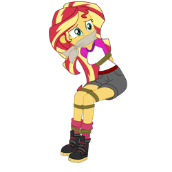 Size: 2500x2500 | Tagged: safe, artist:nie-martw-sie-o-mnie, derpibooru import, sunset shimmer, human, equestria girls, g4, legend of everfree, bondage, boots, bound and gagged, cloth gag, female, femsub, gag, rope, rope bondage, shoes, simple background, sitting, solo, submissive, subset, transparent background