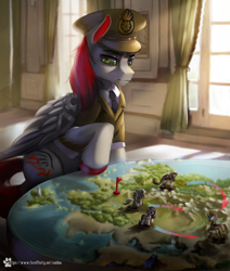 Size: 1694x2000 | Tagged: safe, artist:caddea, derpibooru import, oc, oc only, alicorn, changeling, griffon, pegasus, pony, amputee, artificial wings, augmented, cap, clothes, commission, hat, male, map, military uniform, prosthetic limb, prosthetic wing, prosthetics, solo, stallion, uniform, war, wings