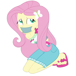 Size: 2000x2000 | Tagged: safe, artist:nie-martw-sie-o-mnie, derpibooru import, fluttershy, human, equestria girls, g4, spring breakdown, bondage, butterfly hairpin, clothes, cruise outfit, equestria girls specials, female, femsub, fluttersub, gag, kneeling, sandals, shorts, simple background, solo, submissive, tape, tape bondage, tape gag, transparent background