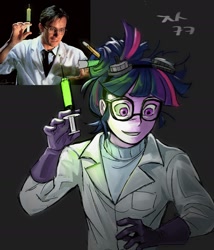 Size: 1304x1526 | Tagged: safe, artist:cranialgrind, derpibooru import, sci-twi, twilight sparkle, human, g4, bangs, clothes, glasses, gloves, goggles, goggles on head, hair accessory, hair bun, half body, herbert west, holding, irl, irl human, lab coat, latex, latex gloves, looking down, mad science, male, messy hair, pencil in hair, photo, ponytail, reference used, smiling, solo, sweater, syringe, the reanimator, tied hair, turtleneck