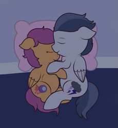 Size: 857x933 | Tagged: source needed, safe, artist:preggyponies-4u, derpibooru import, rumble, scootaloo, pegasus, pony, g4, alternate cutie mark, bed, bedsheets, colt, commission, duo, female, filly, foal, implied foalcon, male, on bed, pillow, pregnant, pregnant foal, pregnant scootaloo, ship:rumbloo, shipping, sleeping, straight