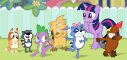 Size: 828x393 | Tagged: safe, artist:porygon2z, derpibooru import, spike, twilight sparkle, unicorn twilight, beaver, dog, dragon, pony, raccoon, unicorn, g4, angry beavers, australian cattle dog, bingo heeler, bluey, bow, crossed arms, crossover, daggett doofus beaver, dancing, disney, eyes closed, female, fence, giggling, grin, hair bow, laughing, lowres, male, mare, norbert foster beaver, open mouth, open smile, pb&j otter, pinch raccoon, scootch raccoon, smiling, wingless spike