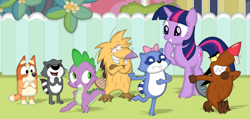 Size: 3445x1636 | Tagged: safe, artist:porygon2z, derpibooru import, spike, twilight sparkle, unicorn twilight, beaver, dog, dragon, pony, raccoon, unicorn, g4, angry beavers, australian cattle dog, bingo heeler, bluey, bow, crossover, daggett doofus beaver, dancing, disney, eyes closed, female, fence, giggling, grin, hair bow, horn, laughing, lowres, male, mare, norbert foster beaver, open mouth, open smile, pb&j otter, pinch raccoon, scootch raccoon, smiling, wingless spike