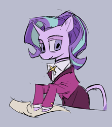 Size: 1364x1544 | Tagged: safe, artist:cranialgrind, derpibooru import, starlight glimmer, pony, unicorn, g4, big eyes, bipedal, brooch, clothes, collared shirt, colored, female, flat colors, gray background, headmare starlight, hooves on the table, horn, jewelry, leonine tail, looking away, mare, no catchlights, older, older starlight glimmer, paper, ponytail, shirt, simple background, skirt, smiling, solo, suit, tail, three quarter view, three toned mane, tied mane, unicorn horn, white coat