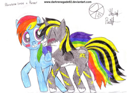 Size: 900x654 | Tagged: safe, artist:darkrenegade92, derpibooru import, rainbow dash, oc, oc:raiden, pegasus, pony, unicorn, g4, blushing, canon x oc, donut steel, female, horn, male, mare, pencil drawing, pony oc, simple background, smiling, stallion, straight, striped mane, traditional art, unicorn oc, unshorn fetlocks, walking, white background